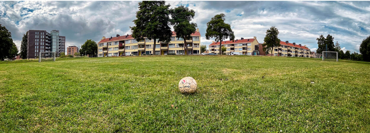 Een voetbalveldje in een wijk. Een witte bal ligt op het gras. In de verte staan huizen