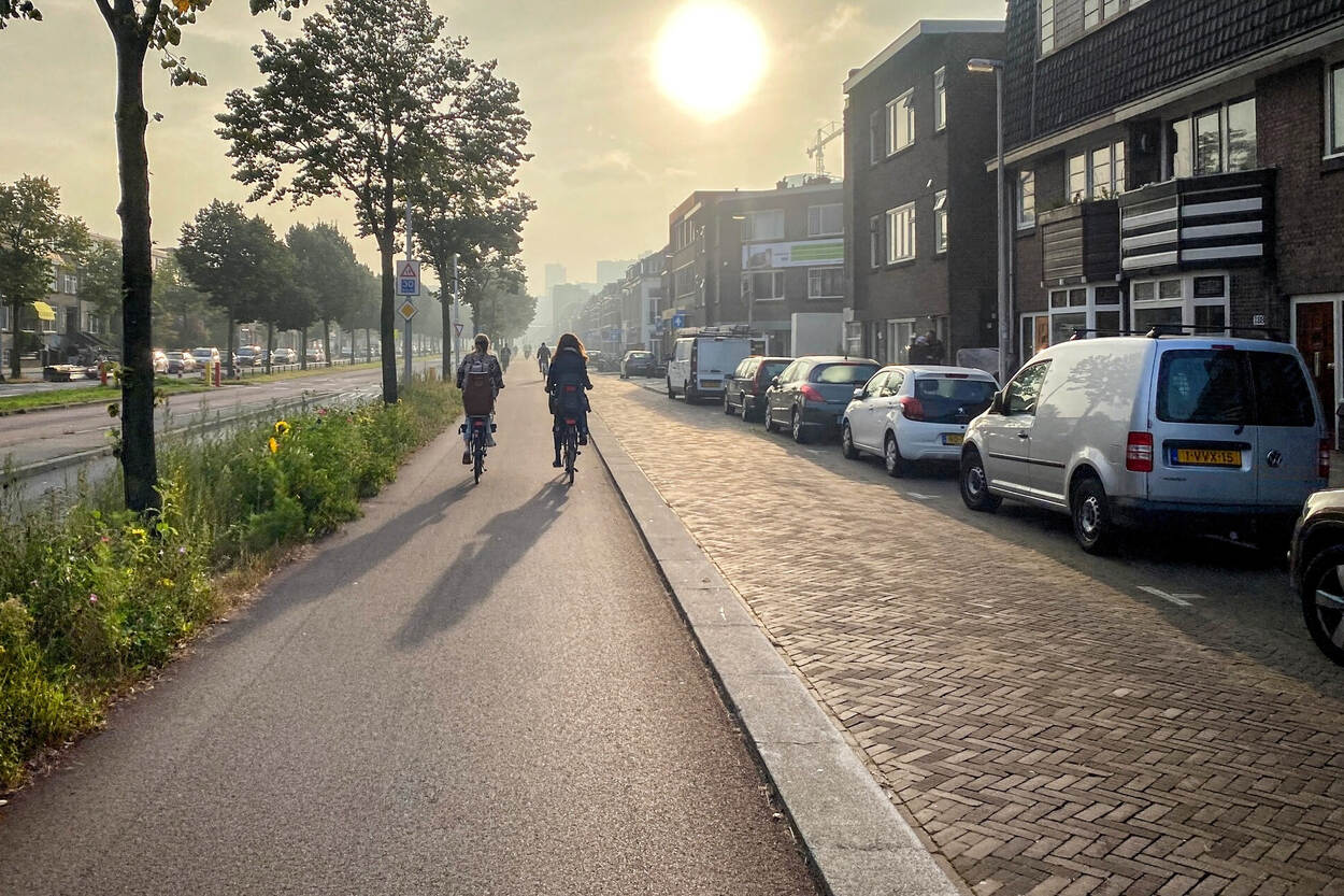 Twee mensen fietsen op het fietspad. Naast het fietspad staan bomen en loopt een weg. Aan de andere kant van een fietspad loopt een parallelweg met een stoep en aangrenzendehuizen