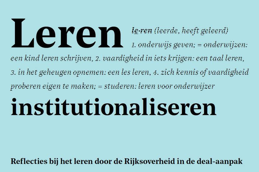 In de afbeelding staan de woorden 'Leren institutionaliseren'. Daarachter staat de betekenis van het woord leren, zoals omschreven in het woordenboek.