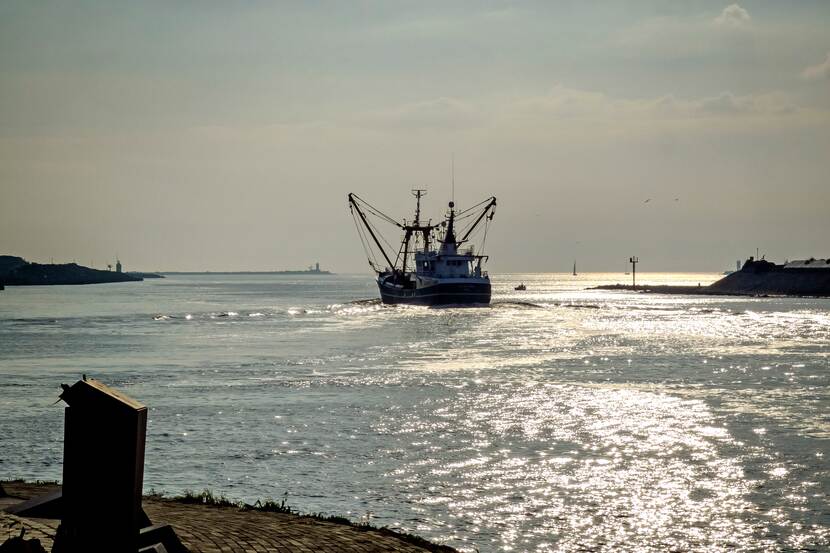 Schip vaart in haven in schemerlicht