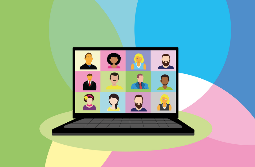 figuratieve weergave van een laptop met daarop 12 vakjes met hoofdjes erin; zoals in een online meeting.