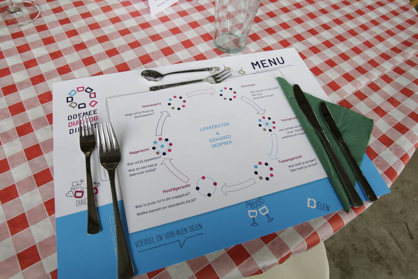 Een foto van een DOE MEE-dialoogdiner placemat. Op de placemat staat het concept van de diners, zo staan er een aantal vragen bij elk gerecht.