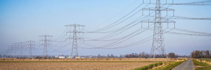 Veld met hoogspanningsmasten die over een smalle weg lopen